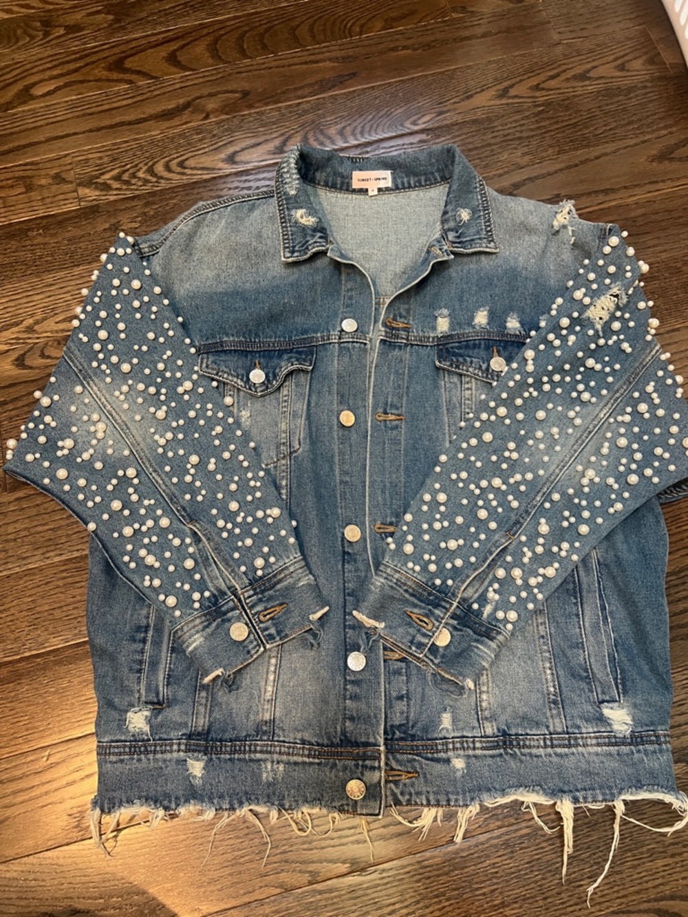 Pearl-Embellished Distressed Blue Denim Jacket